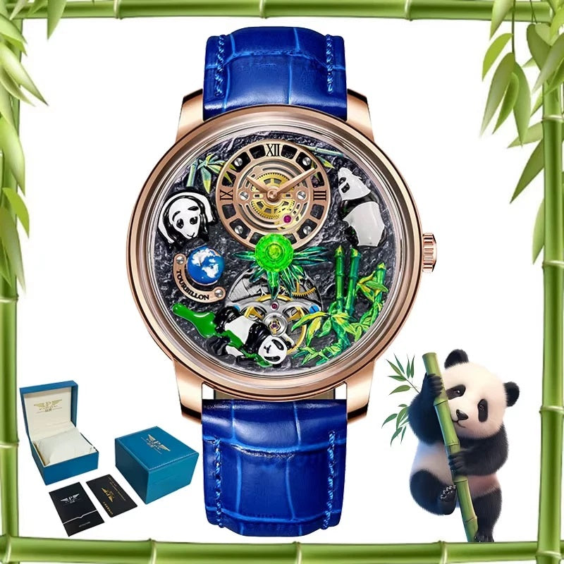 PINDU Design P6631 Automatic Men's Watch Skeleton Panda Series Rotating Crystal Ball